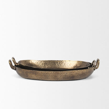 Set of Two Gold Oval Metal Handmade Serving Tray With Handles HomeRoots