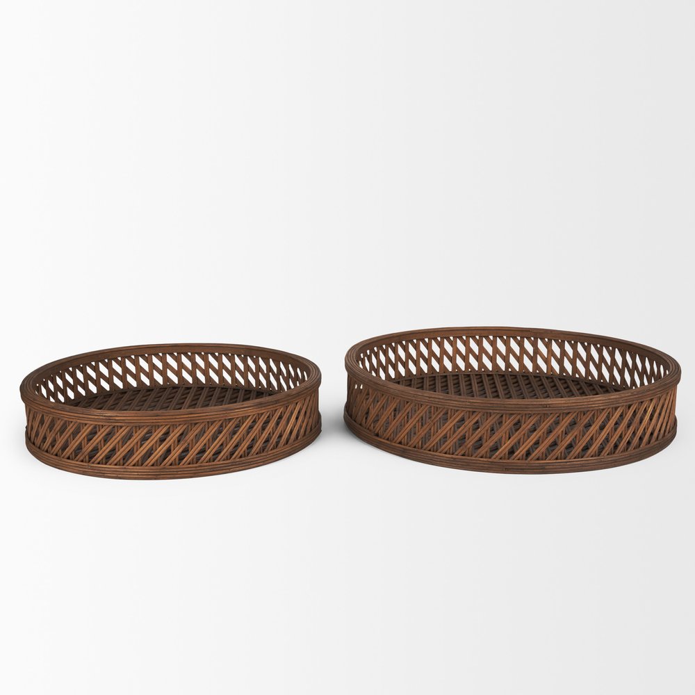 Set of Two Brown Round Wicker Handmade Serving Tray HomeRoots