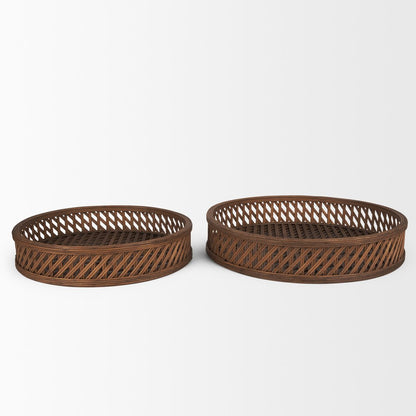 Set of Two Brown Round Wicker Handmade Serving Tray HomeRoots