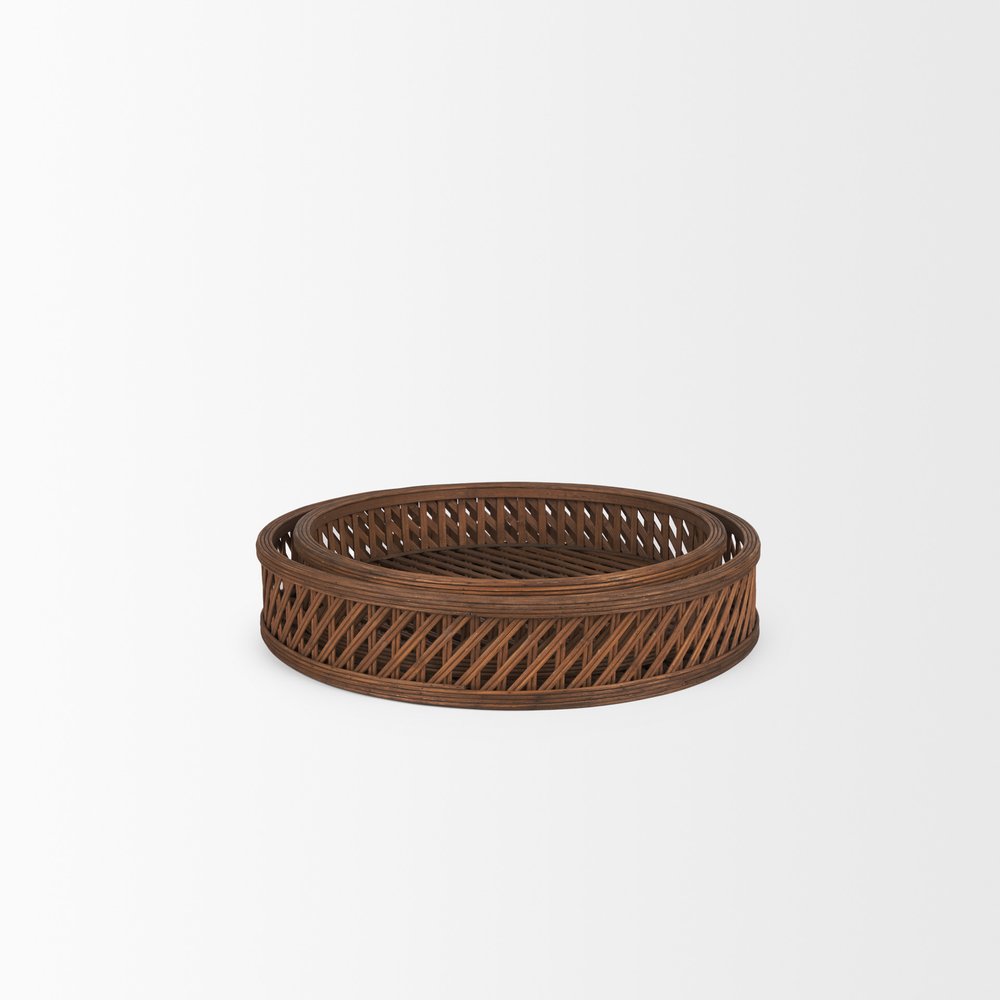 Set of Two Brown Round Wicker Handmade Serving Tray HomeRoots
