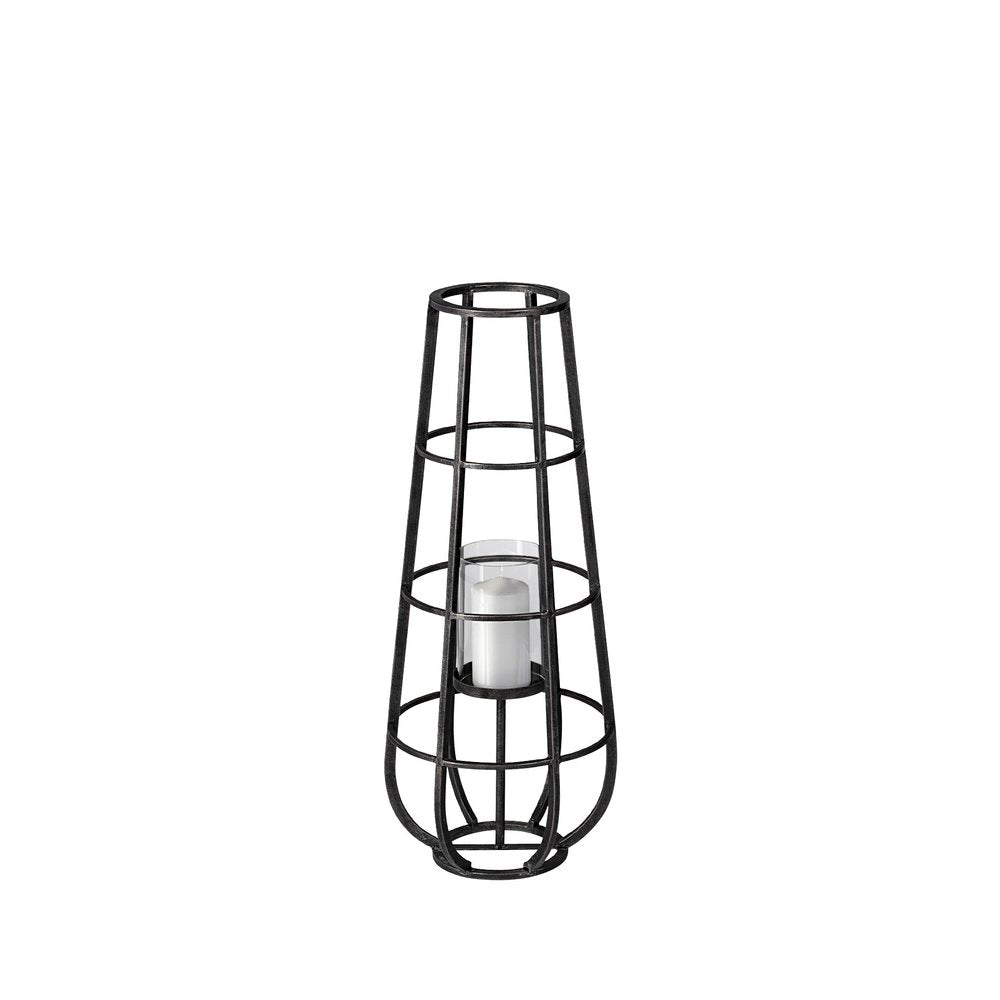 30" Black Distressed Geometric Metal And Glass Lantern Candle Holder HomeRoots