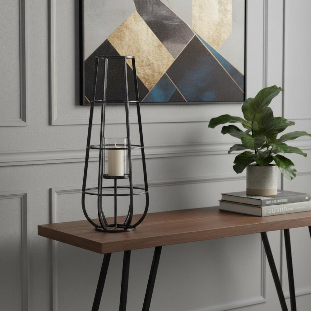 30" Black Distressed Geometric Metal And Glass Lantern Candle Holder HomeRoots