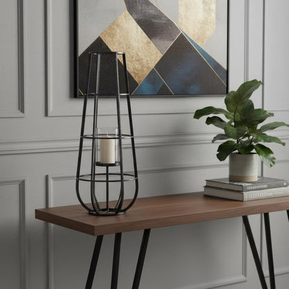 30" Black Distressed Geometric Metal And Glass Lantern Candle Holder HomeRoots