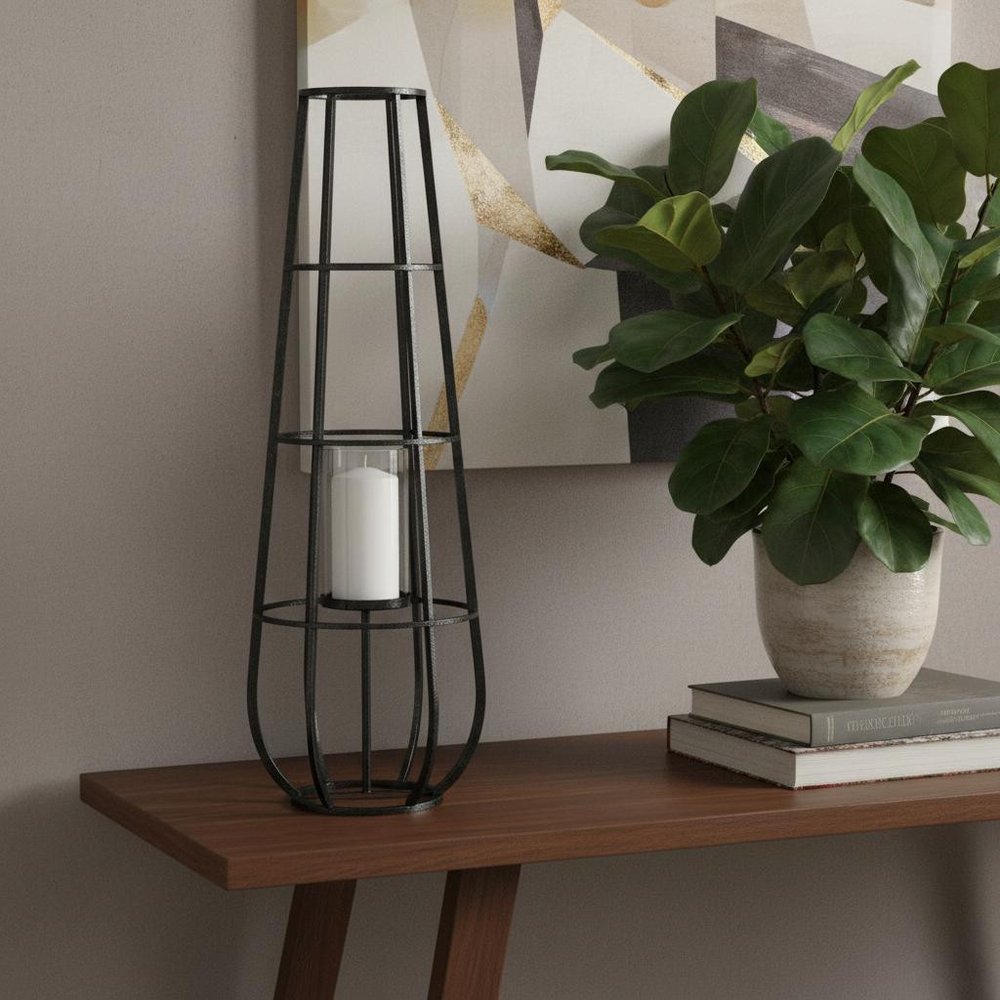 40" Black Distressed Geometric Metal Lantern Candle Holder — view 5