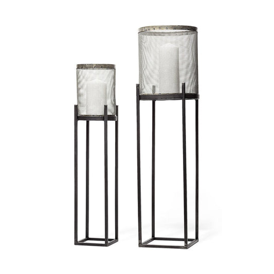 Set of Two Black Distressed Geometric Metal Lantern Candle Holders HomeRoots