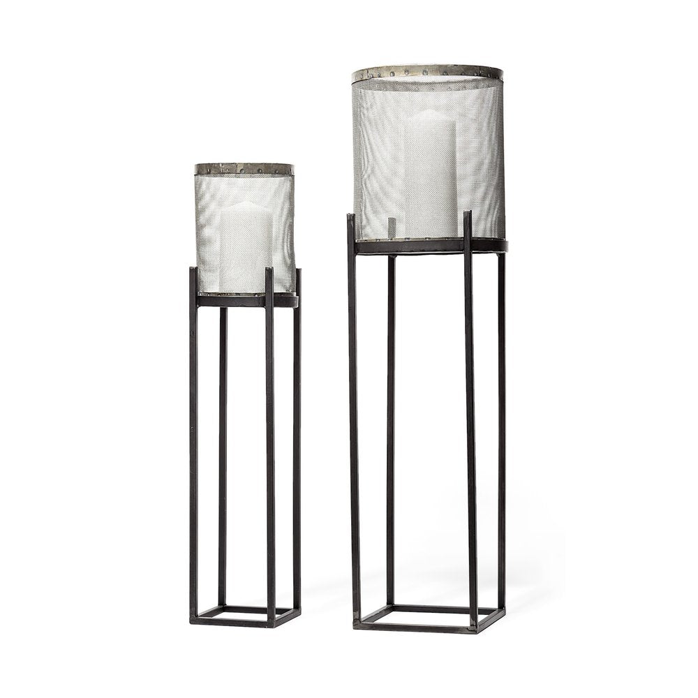 Set of Two Black Distressed Geometric Metal Lantern Candle Holders — view 1