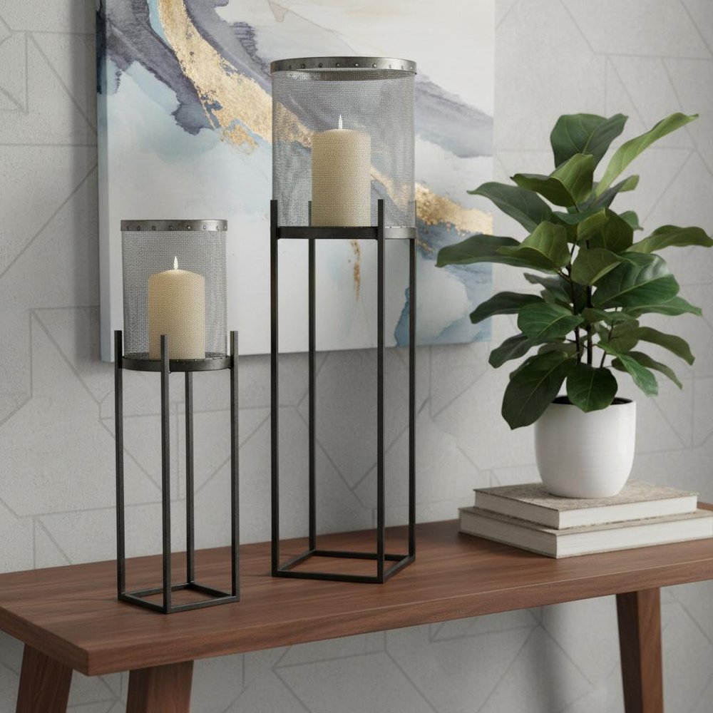 Set of Two Black Distressed Geometric Metal Lantern Candle Holders — view 4