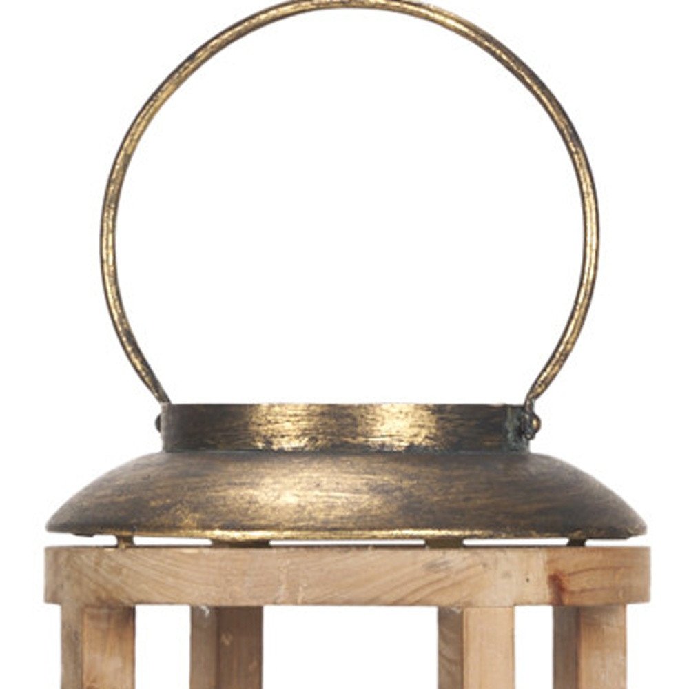 35" Natural And Brass Distressed Geometric Solid Wood And Metal Tabletop Lantern Candle Holder — view 2