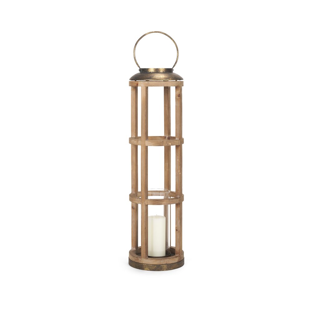 35" Natural And Brass Distressed Geometric Solid Wood And Metal Tabletop Lantern Candle Holder HomeRoots