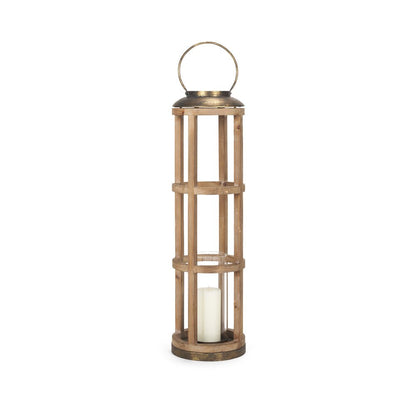 35" Natural And Brass Distressed Geometric Solid Wood And Metal Tabletop Lantern Candle Holder HomeRoots