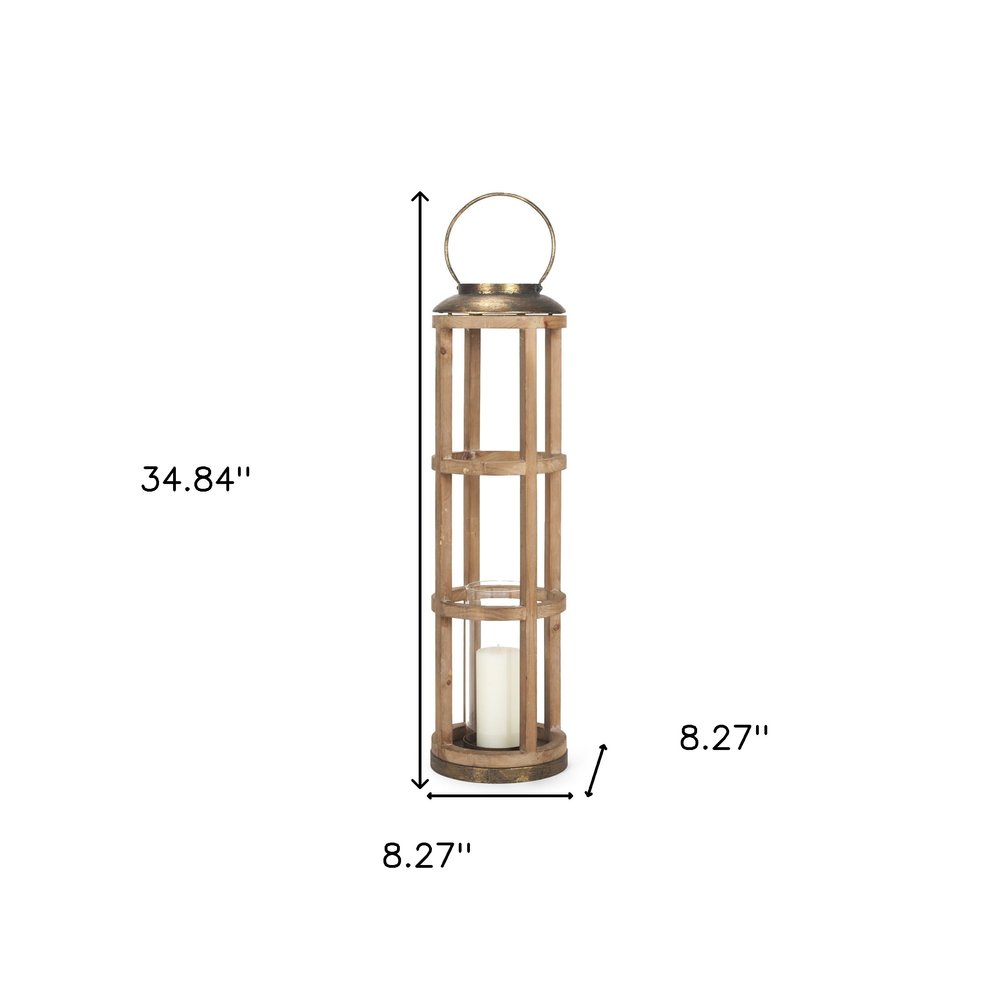 35" Natural And Brass Distressed Geometric Solid Wood And Metal Tabletop Lantern Candle Holder HomeRoots