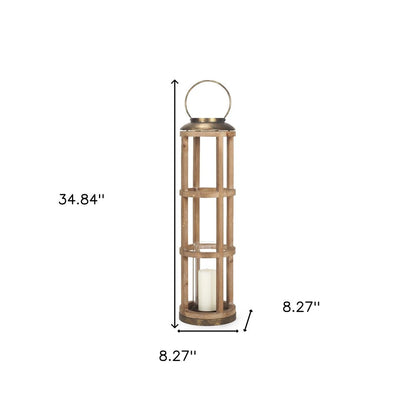 35" Natural And Brass Distressed Geometric Solid Wood And Metal Tabletop Lantern Candle Holder HomeRoots