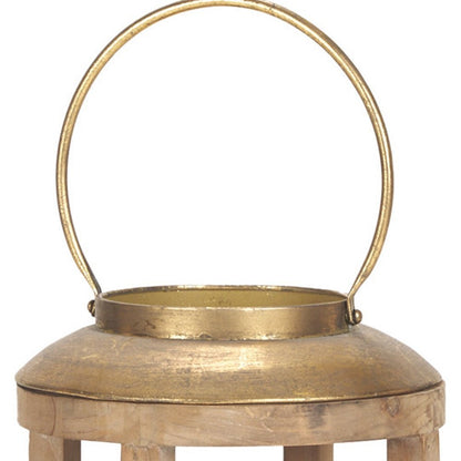 26" Natural And Bronze Distressed Geometric Solid Wood And Metal Tabletop Lantern Candle Holder HomeRoots