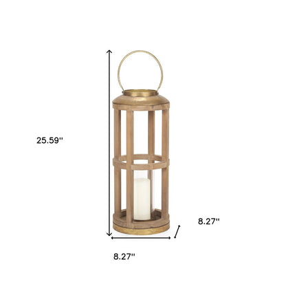 26" Natural And Bronze Distressed Geometric Solid Wood And Metal Tabletop Lantern Candle Holder HomeRoots