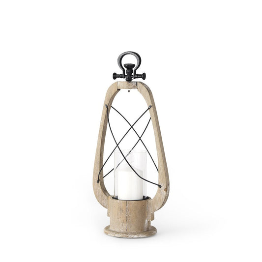 21" Brown And Black Distressed Abstract Solid Wood Metal And Glass Tabletop Lantern Candle Holder HomeRoots