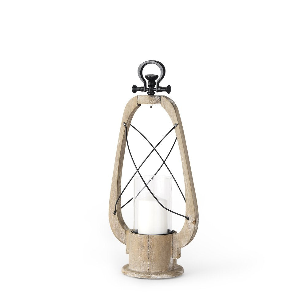 21" Brown And Black Distressed Abstract Solid Wood Metal And Glass Tabletop Lantern Candle Holder HomeRoots