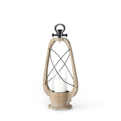 21" Brown And Black Distressed Abstract Solid Wood Metal And Glass Tabletop Lantern Candle Holder HomeRoots