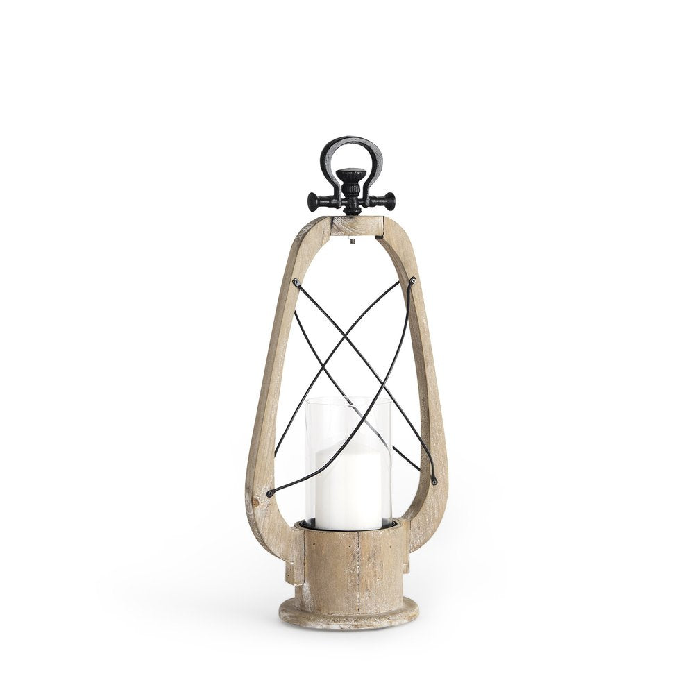 21" Brown And Black Distressed Abstract Solid Wood Metal And Glass Tabletop Lantern Candle Holder HomeRoots