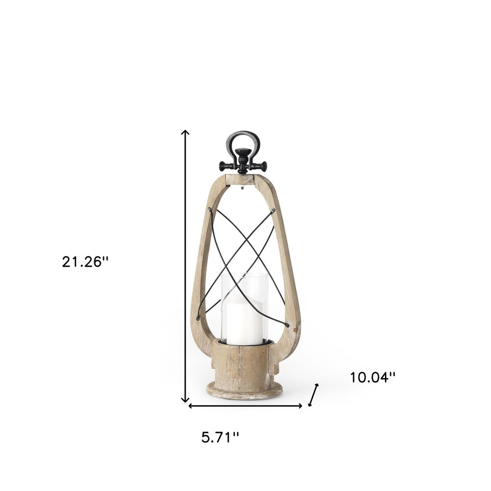 21" Brown And Black Distressed Abstract Solid Wood Metal And Glass Tabletop Lantern Candle Holder HomeRoots