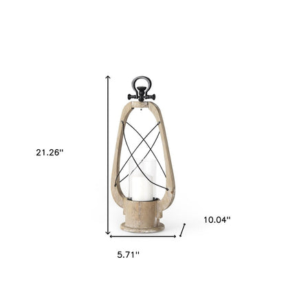 21" Brown And Black Distressed Abstract Solid Wood Metal And Glass Tabletop Lantern Candle Holder HomeRoots