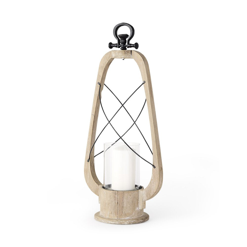 25" Brown Distressed Abstract Solid Wood And Metal Tabletop Lantern Candle Holder — view 1