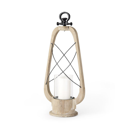 25" Brown Distressed Abstract Solid Wood And Metal Tabletop Lantern Candle Holder