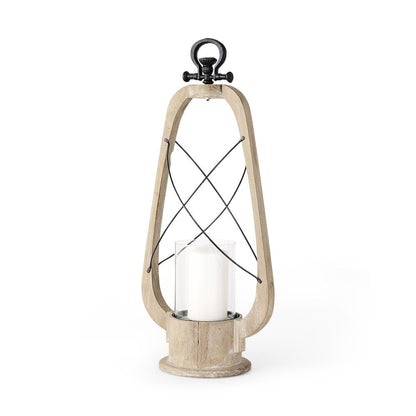25" Brown Distressed Abstract Solid Wood And Metal Tabletop Lantern Candle Holder HomeRoots