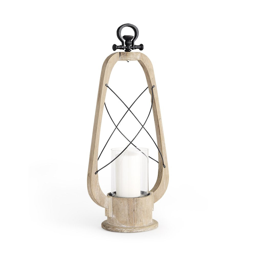 25" Brown Distressed Abstract Solid Wood And Metal Tabletop Lantern Candle Holder — view 3