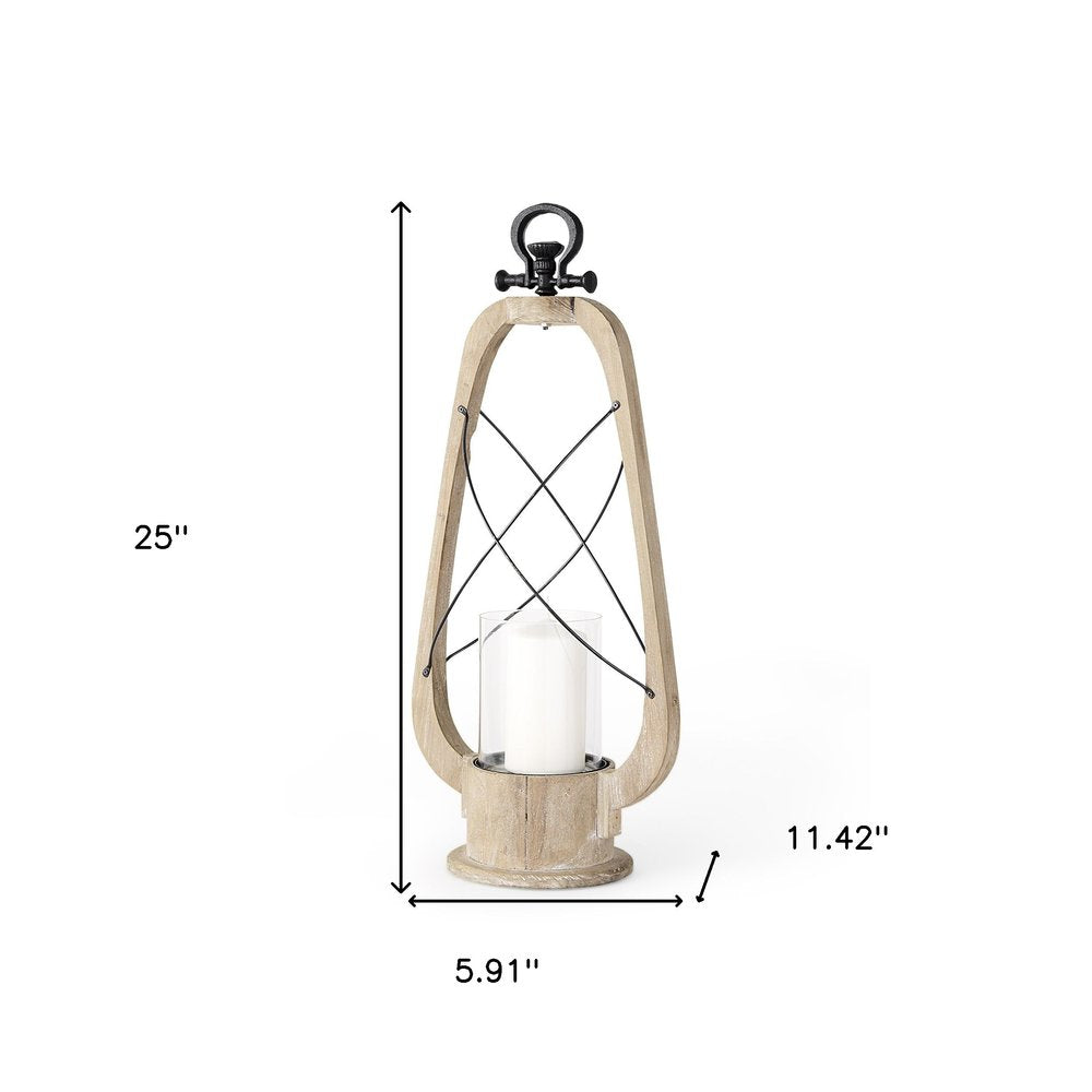25" Brown Distressed Abstract Solid Wood And Metal Tabletop Lantern Candle Holder HomeRoots