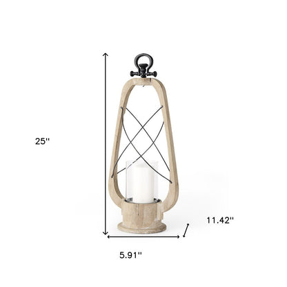 25" Brown Distressed Abstract Solid Wood And Metal Tabletop Lantern Candle Holder HomeRoots