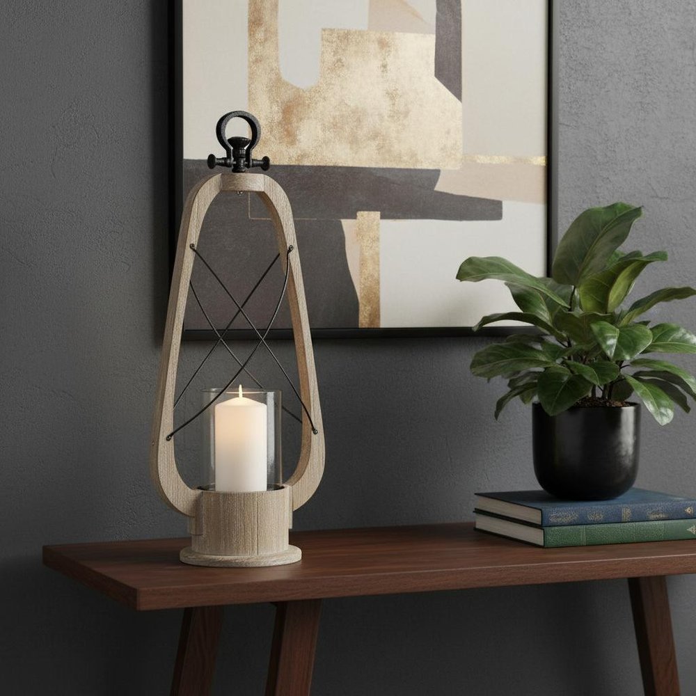 25" Brown Distressed Abstract Solid Wood And Metal Tabletop Lantern Candle Holder HomeRoots