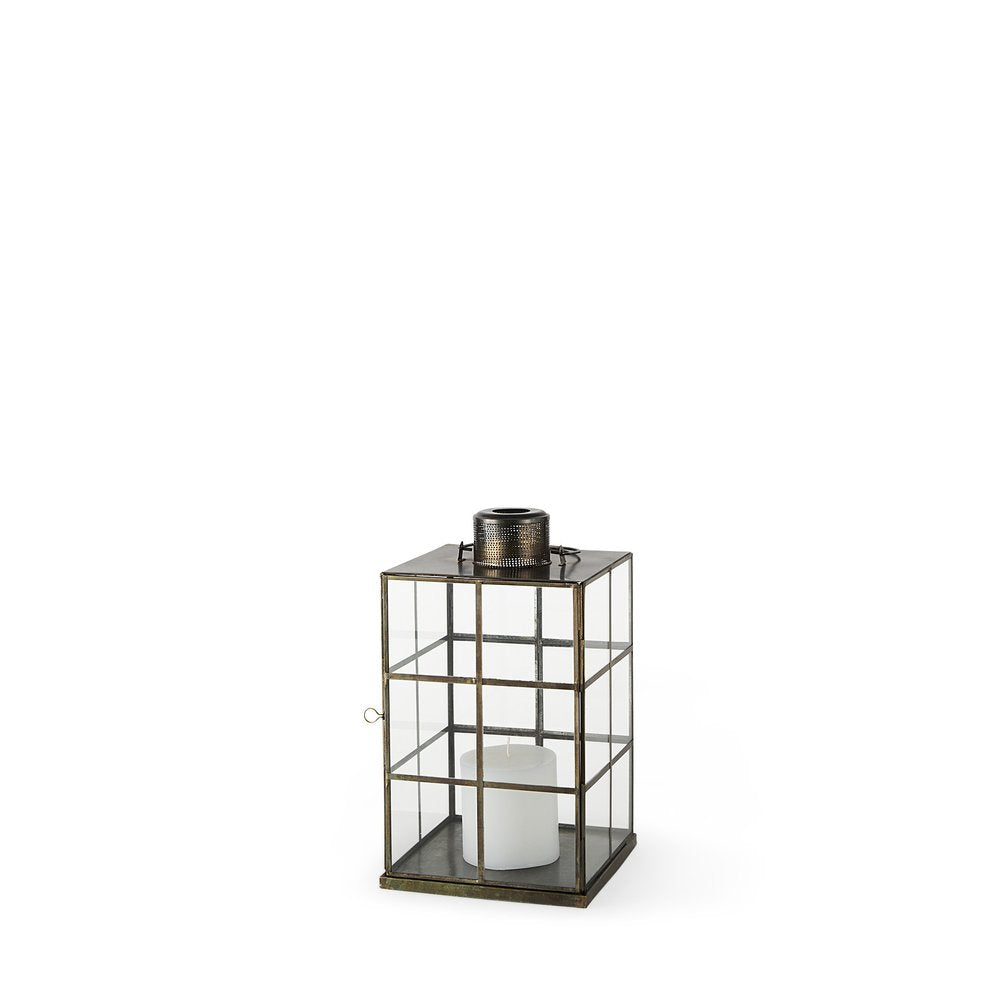 15" Gold Distressed Geometric Metal And Glass Tabletop Lantern Candle Holder HomeRoots
