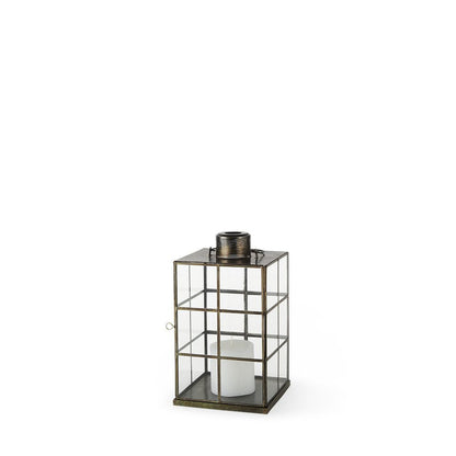 15" Gold Distressed Geometric Metal And Glass Tabletop Lantern Candle Holder HomeRoots