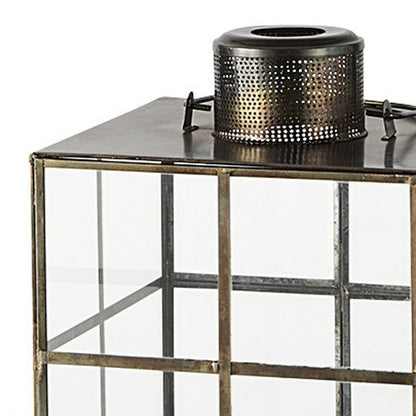 15" Gold Distressed Geometric Metal And Glass Tabletop Lantern Candle Holder HomeRoots