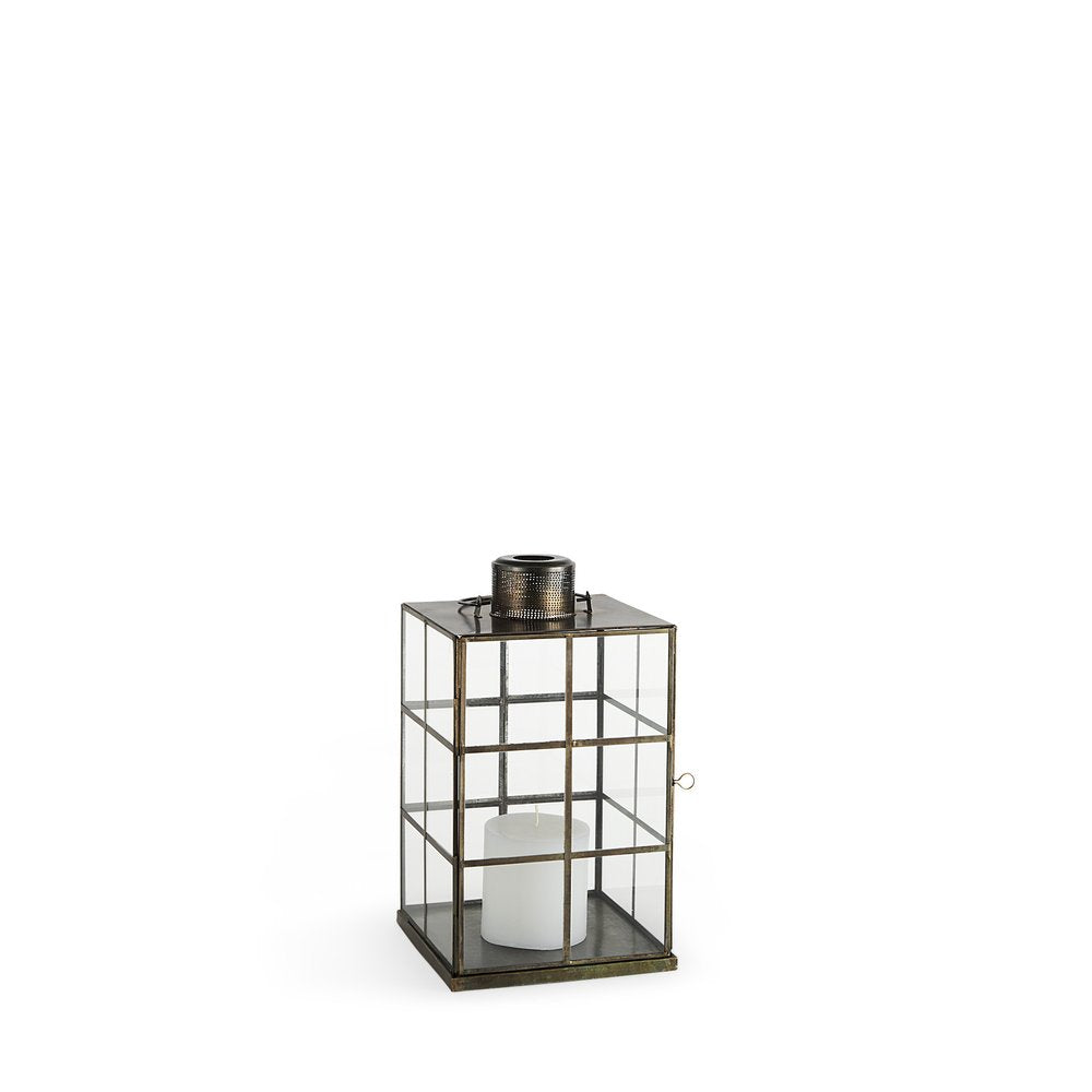 15" Gold Distressed Geometric Metal And Glass Tabletop Lantern Candle Holder HomeRoots