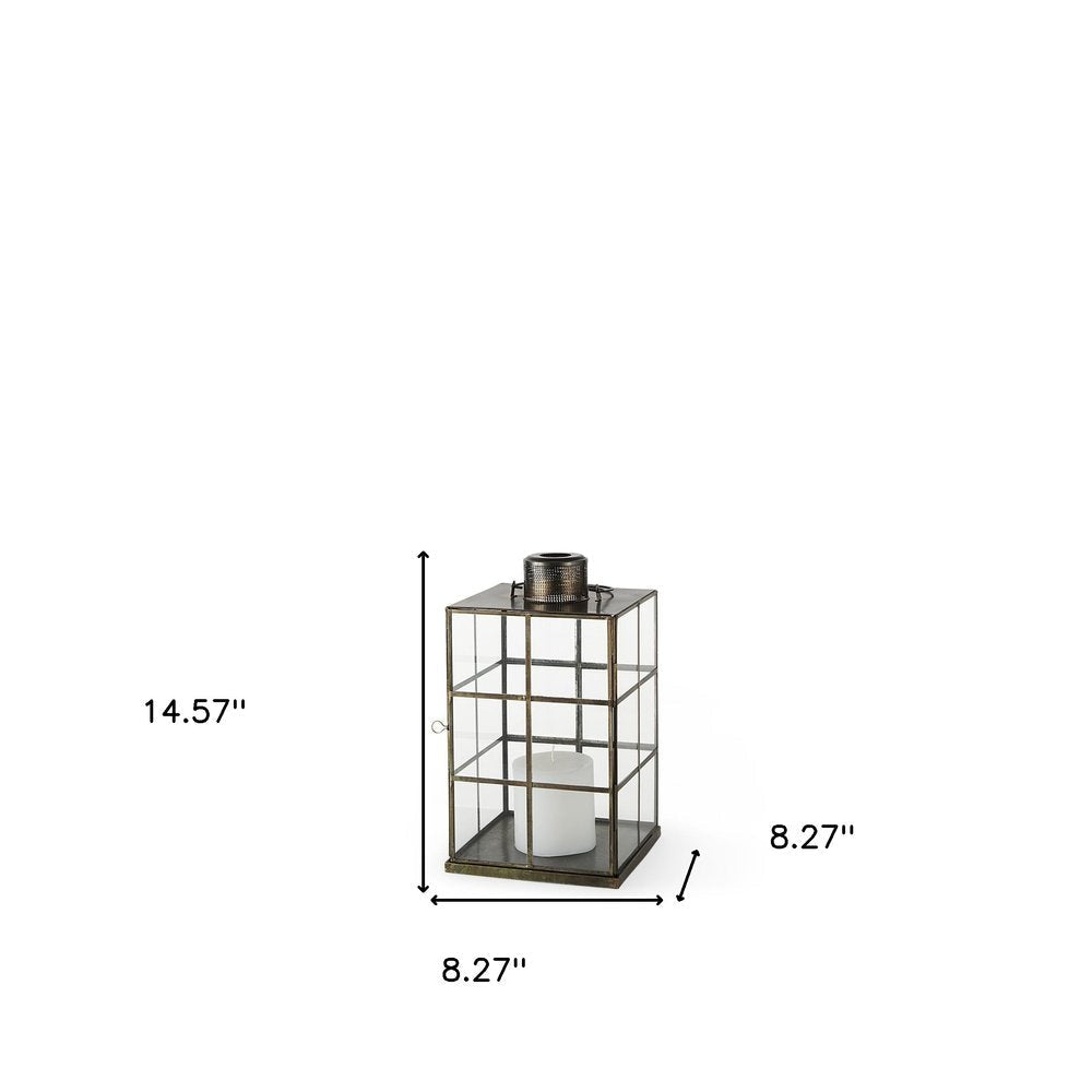 15" Gold Distressed Geometric Metal And Glass Tabletop Lantern Candle Holder HomeRoots