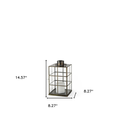 15" Gold Distressed Geometric Metal And Glass Tabletop Lantern Candle Holder HomeRoots