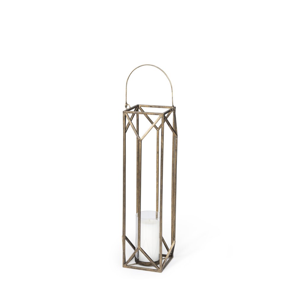 30" Gold Distressed Geometric Metal Tabletop Lantern Candle Holder HomeRoots