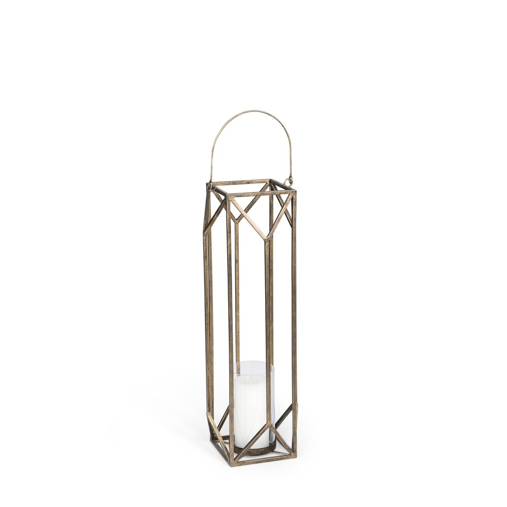30" Gold Distressed Geometric Metal Tabletop Lantern Candle Holder HomeRoots