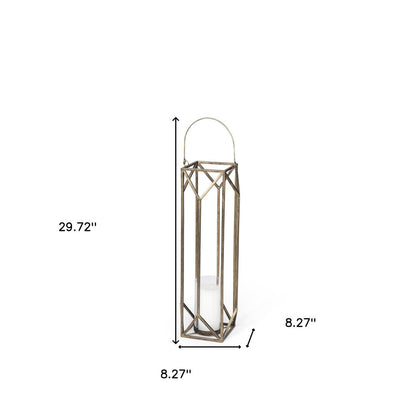 30" Gold Distressed Geometric Metal Tabletop Lantern Candle Holder HomeRoots