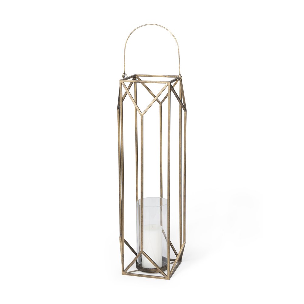 36" Gold Distressed Geometric Metal Tabletop Lantern Candle Holder HomeRoots