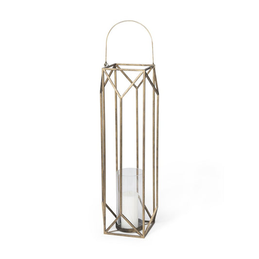 36" Gold Distressed Geometric Metal Tabletop Lantern Candle Holder HomeRoots