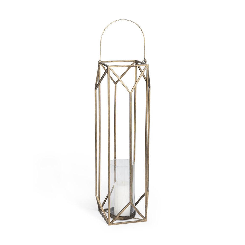 36" Gold Distressed Geometric Metal Tabletop Lantern Candle Holder HomeRoots