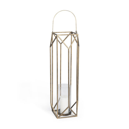 36" Gold Distressed Geometric Metal Tabletop Lantern Candle Holder HomeRoots