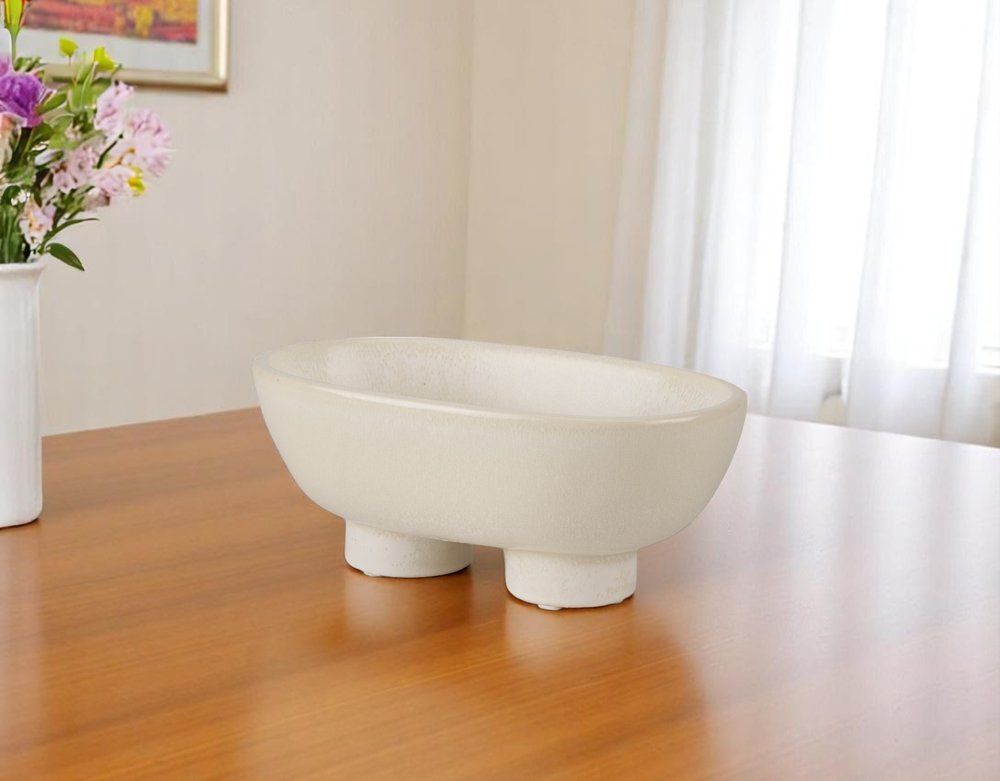 8" Cream Ceramic Oval Pedestal Centerpiece Bowl — view 5
