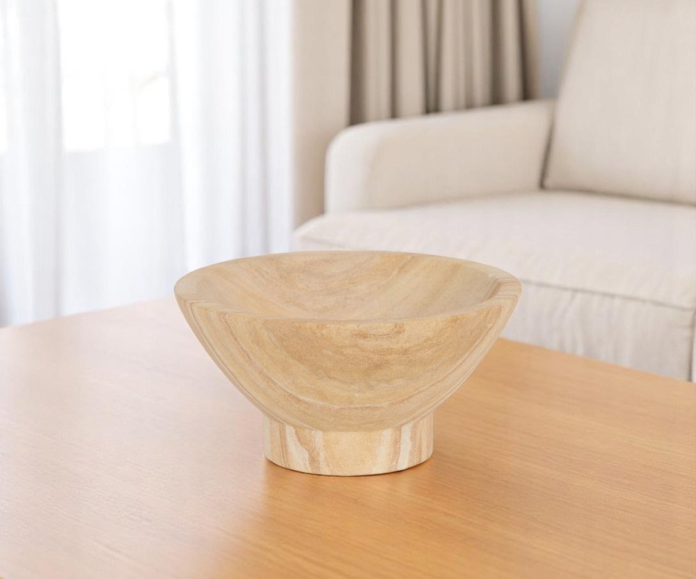 8" Beige Sandstone Round Pedestal Centerpiece Bowl HomeRoots