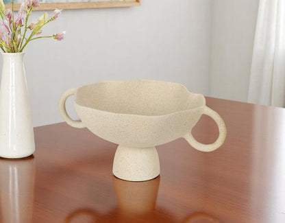 11" Beige Cast Aluminum Round Pedestal Centerpiece Bowl With Handles HomeRoots