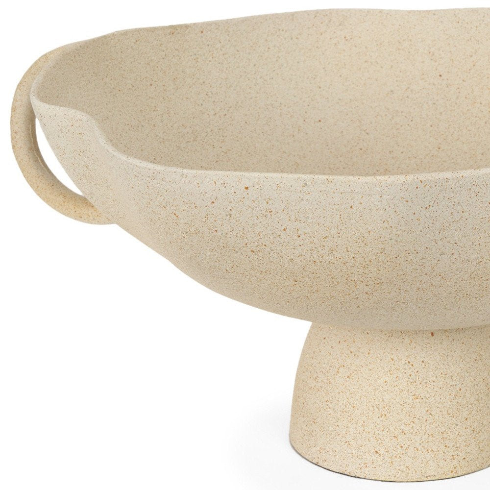16" Beige Cast Aluminum Round Pedestal Centerpiece Bowl With Handles HomeRoots
