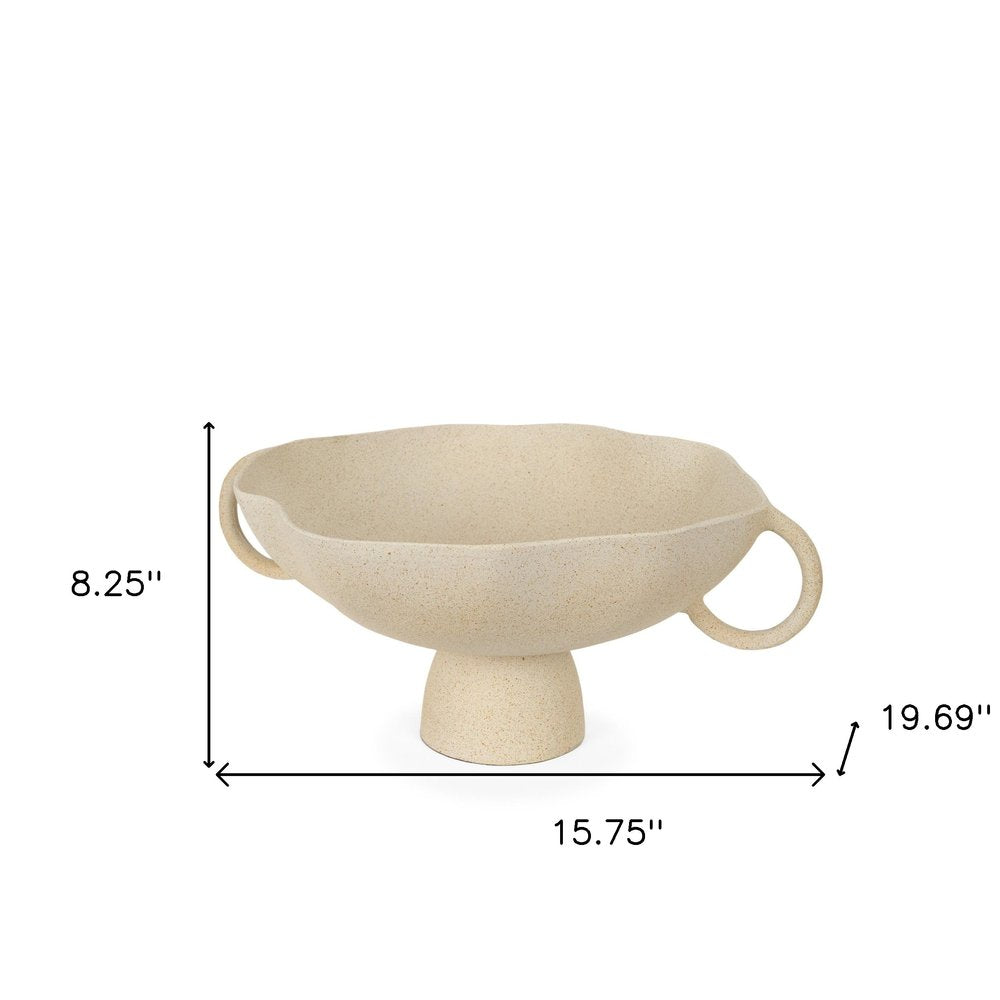 16" Beige Cast Aluminum Round Pedestal Centerpiece Bowl With Handles HomeRoots