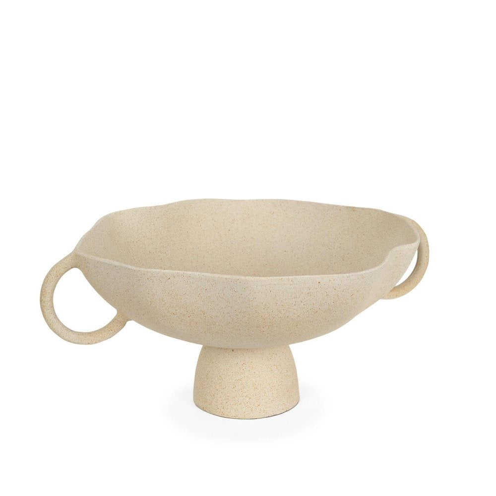 16" Beige Cast Aluminum Round Pedestal Centerpiece Bowl With Handles HomeRoots